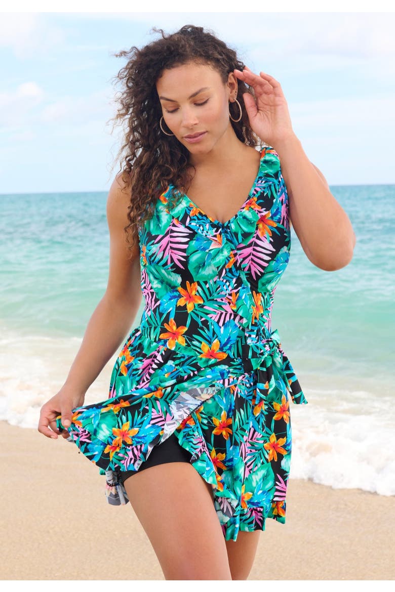 Faux Wrap Swim Dress, Alternate, color, BLACK HULA PALM