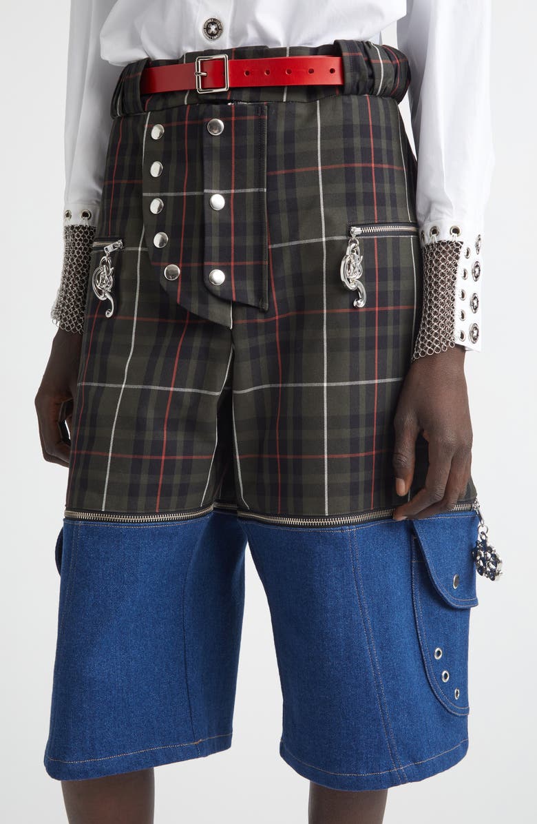 Chopova Lowena Tartan Extension Shorts with Detachable Denim Panels, Alternate, color, Blue And Green Multi