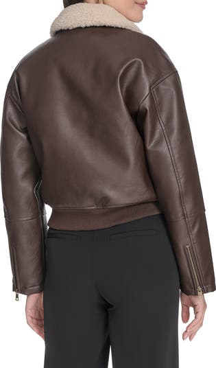 Faux Leather Bomber Jacket with Faux Shearling Collar