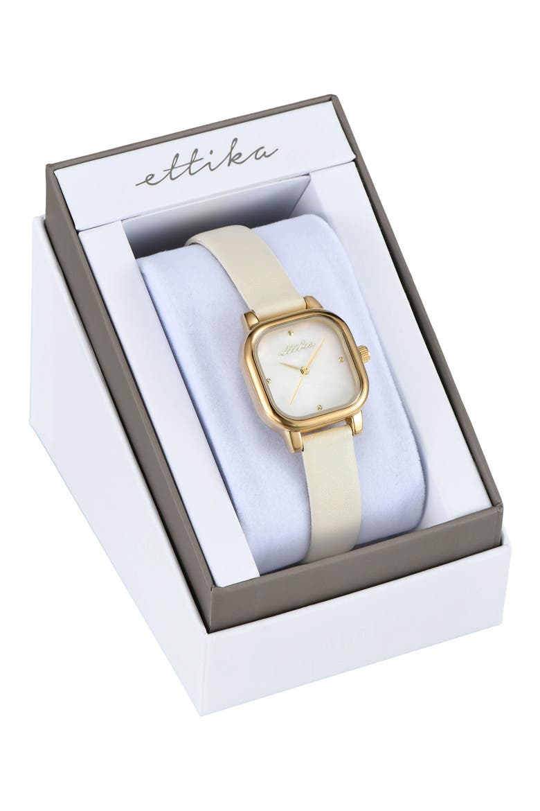 Classic Square Mother-of-Pearl Leather Strap Watch, Alternate, color, BONE