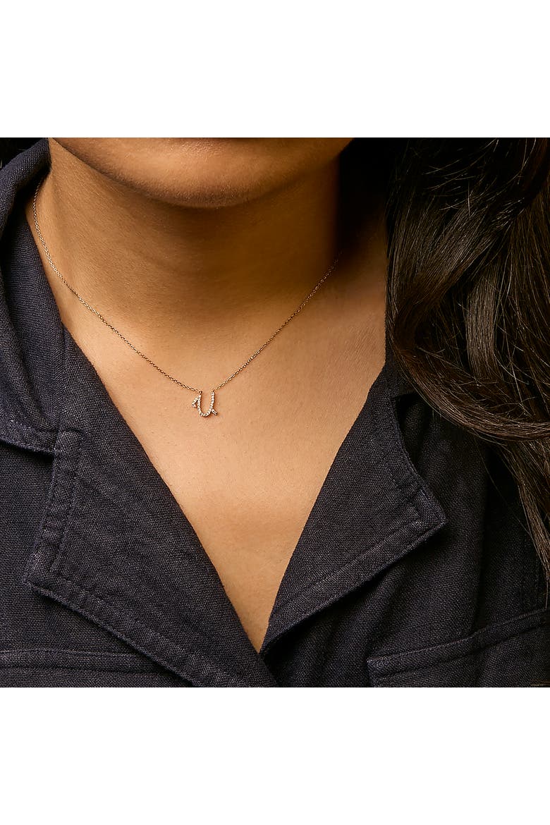 10K Gold Diamond Accent  A-Z Initial Script Style Pendant Necklace, Alternate, color, Yellow | U