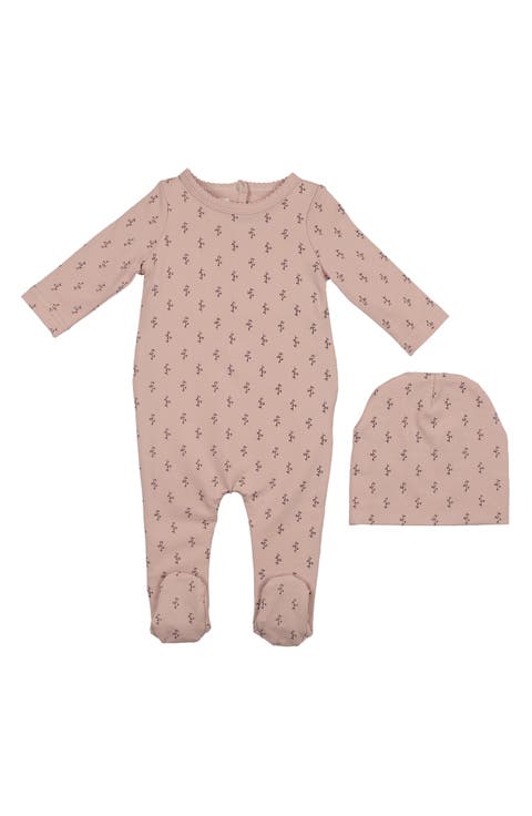 Floral Print Cotton Blend Footie & Beanie Set (Baby)