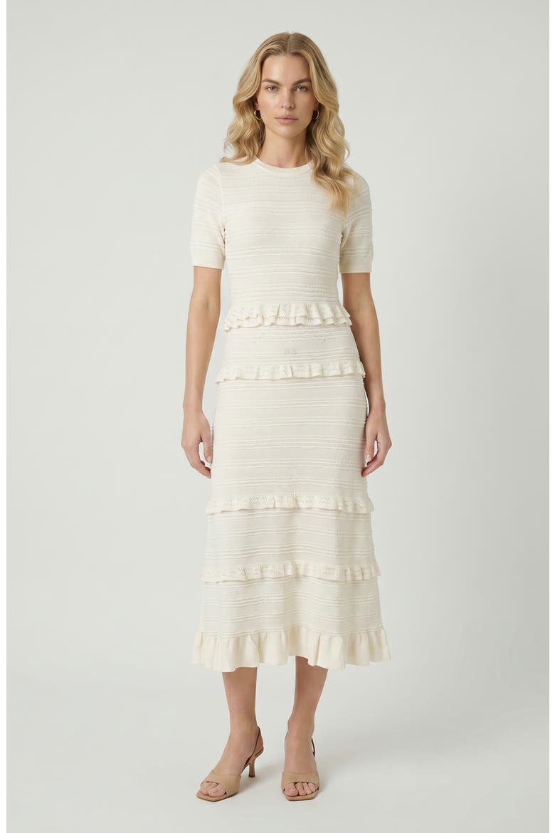 Textured Ruffle Trim Knit Midi Dress, Main, color, White