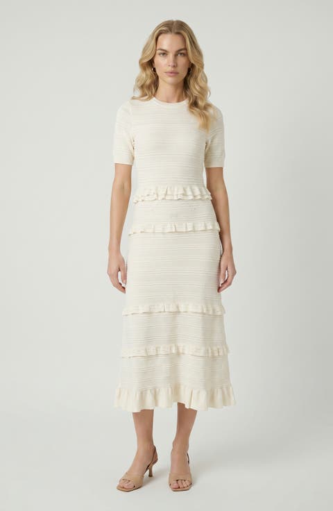 Textured Ruffle Trim Knit Midi Dress