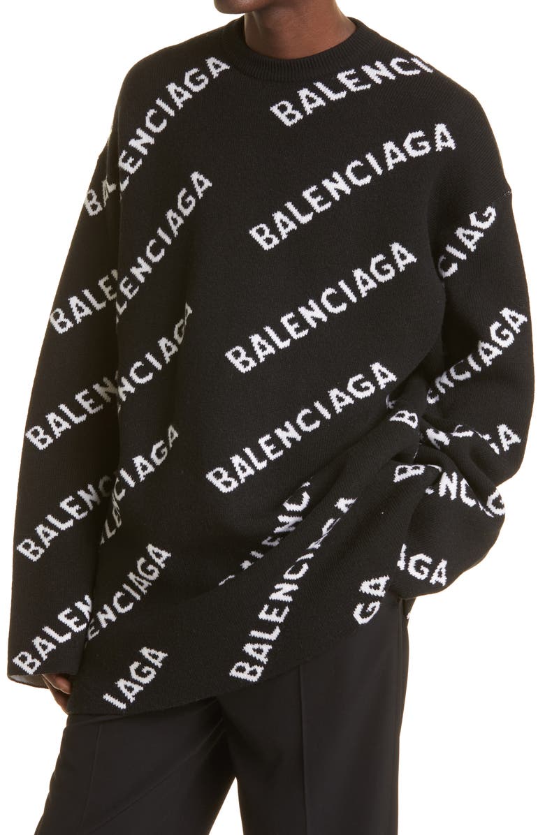 Balenciaga Intarsia Diagonal Logo Oversize Wool Blend Sweater, Alternate, color,
