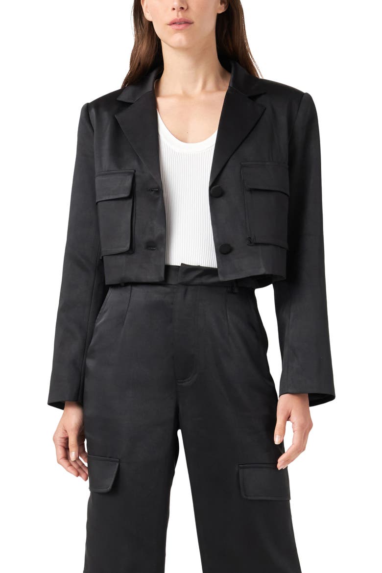 Crop Satin Blazer, Alternate, color, BLACK