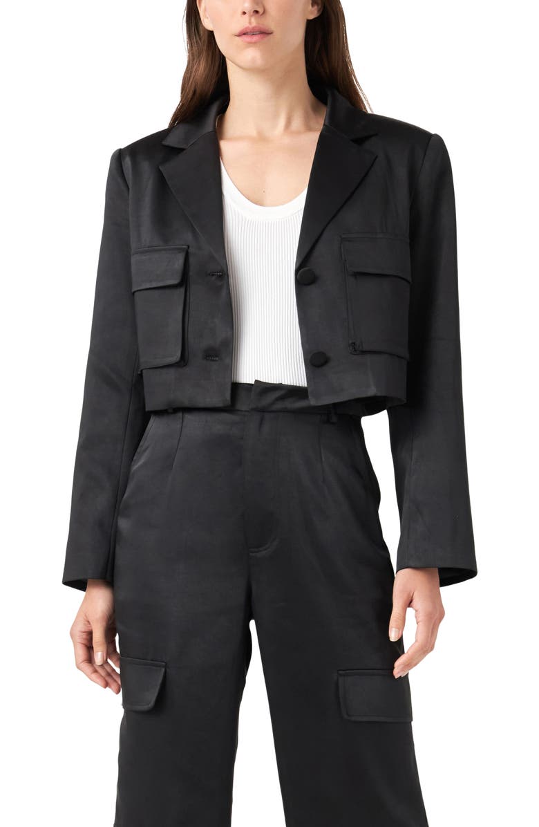 English Factory Crop Satin Blazer, Alternate, color, Black