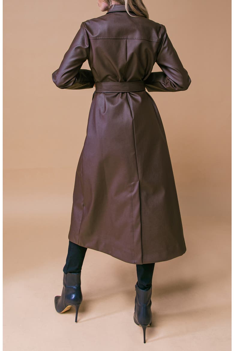 Belted Faux Leather Coat, Alternate, color, BROWN