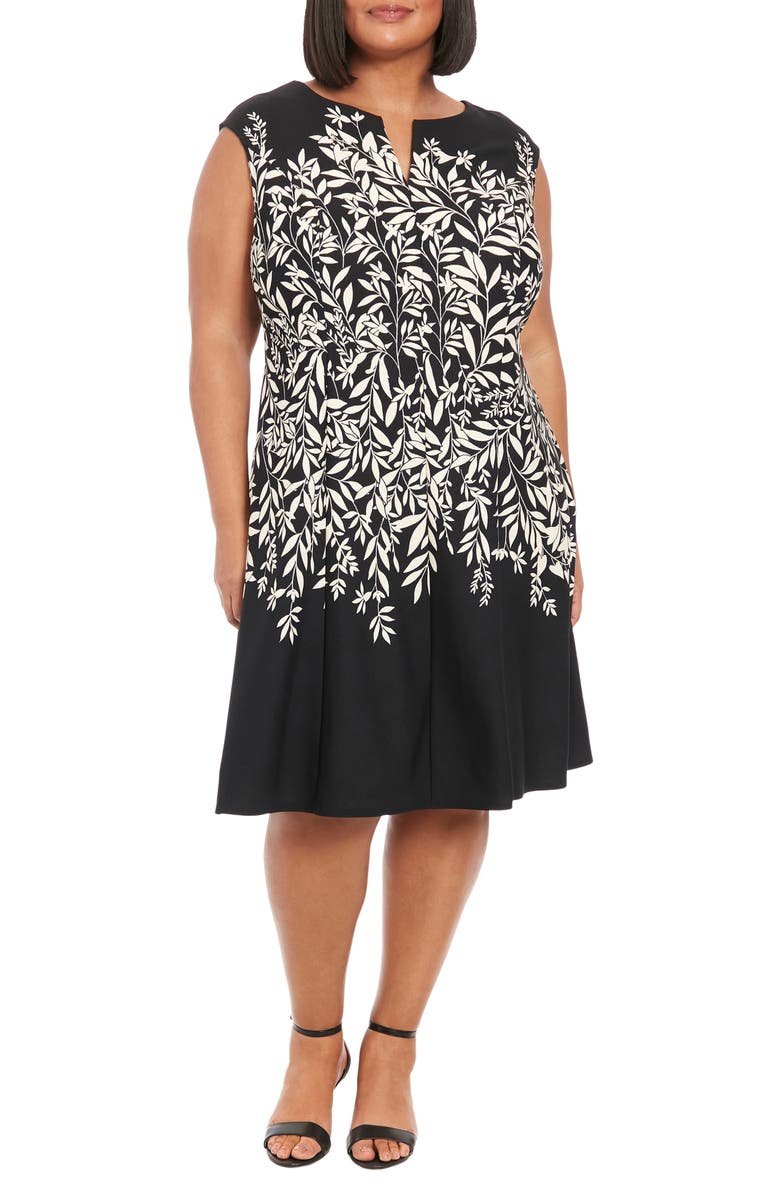 London Times Leaf Print Pleated Dress, Main, color,