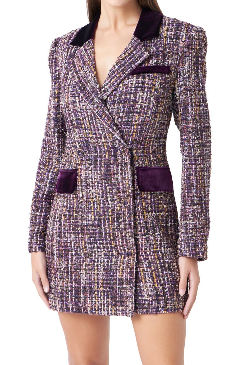 Velvet Trim Long Sleeve Tweed Blazer Dress, Main, color, BORDEAUX