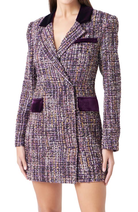 Velvet Trim Long Sleeve Tweed Blazer Dress