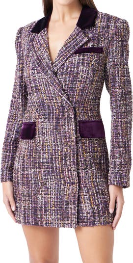 ワンピース Delua Jacket Layered Tweed Flared Dress (BLACK) Endless Rose Velvet Trim Long Sleeve Tweed Blazer Dress