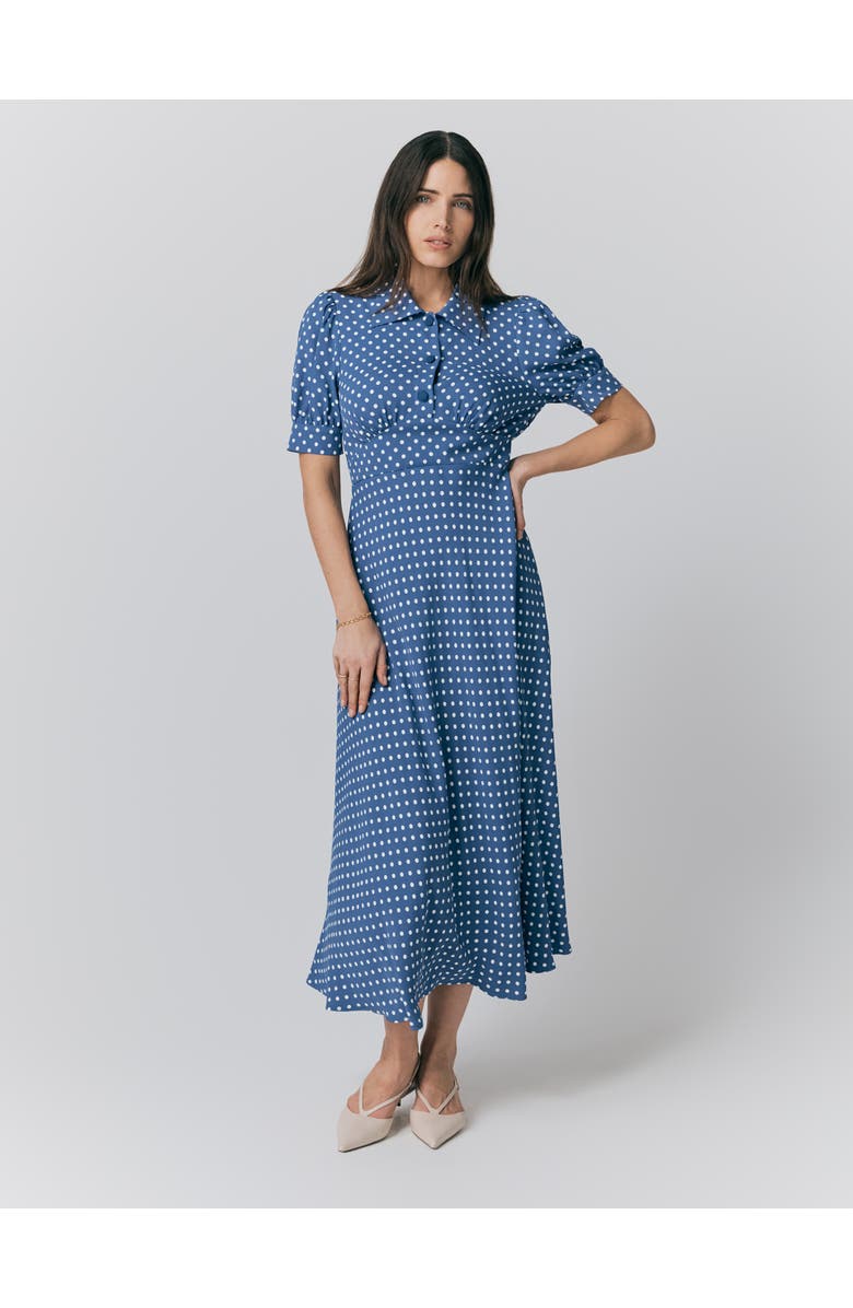 Ghost London Wilma Crepe Polka Dot Midi Tea Dress, Main, color, Navy Spot