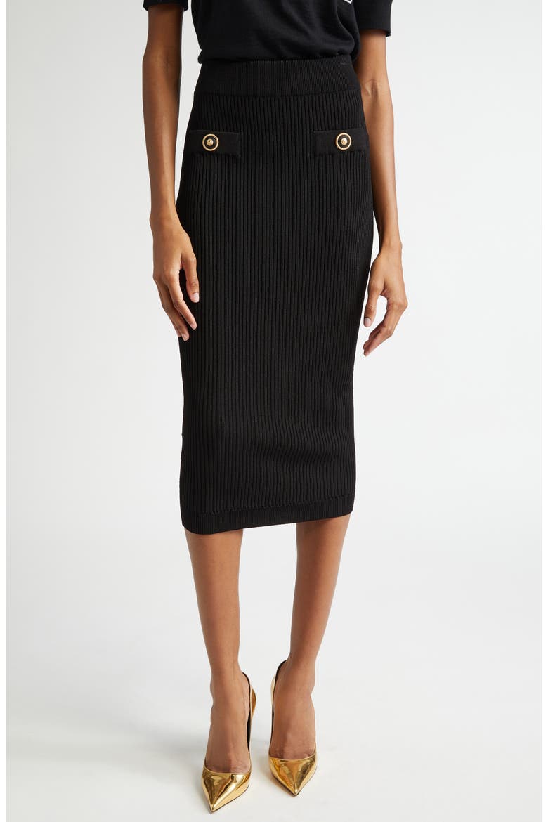 Button Detail Rib Midi Sweater Skirt, Main, color, BLACK