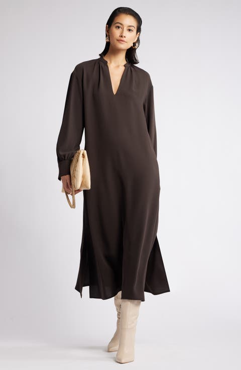 Gathered Long Sleeve Side Slit Maxi Dress