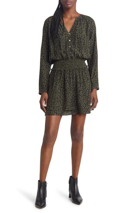 Jasmine Batik Cheetah Smocked Waist Long Sleeve Dress