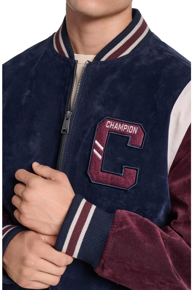 Faux Suede Varsity Bomber Jacket, Alternate, color, NAVY