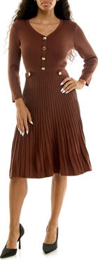 Nina Leonard Pleated Long Sleeve Sweater Dress