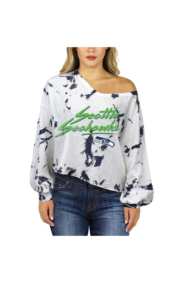 Women's Majestic Threads DK Metcalf White Seattle Seahawks Off-Shoulder Tie-Dye Name & Number Long Sleeve V-Neck Crop-Top T-Shirt, Alternate, color, White