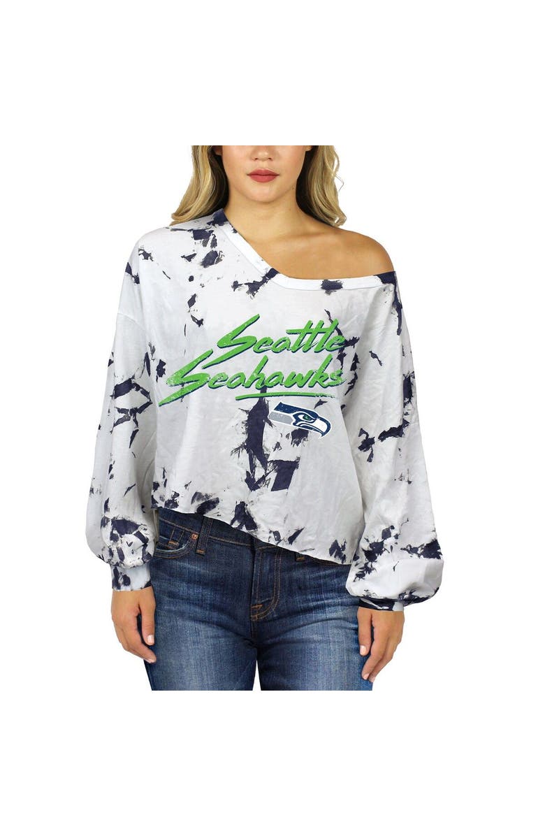 Majestic Threads Women's Majestic Threads DK Metcalf White Seattle Seahawks Off-Shoulder Tie-Dye Name & Number Long Sleeve V-Neck Crop-Top T-Shirt, Alternate, color,