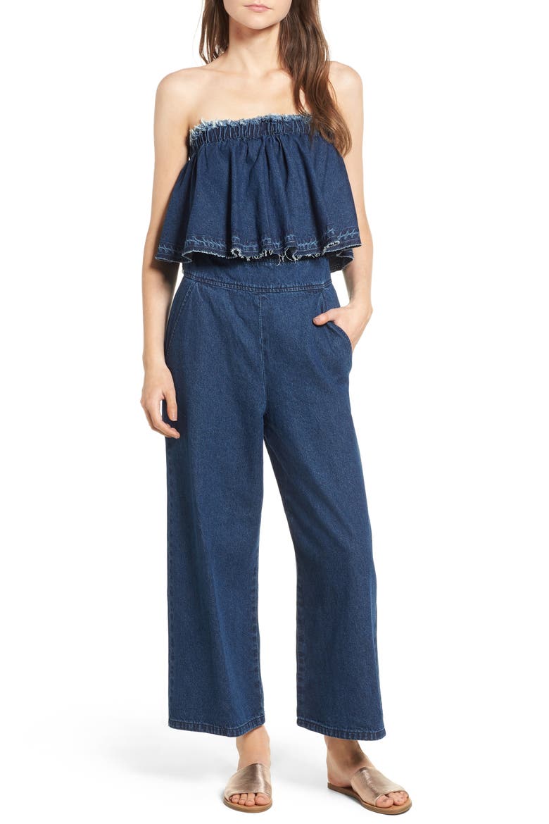 Strapless Crop Denim Jumpsuit, Main, color, DENIM BLUE