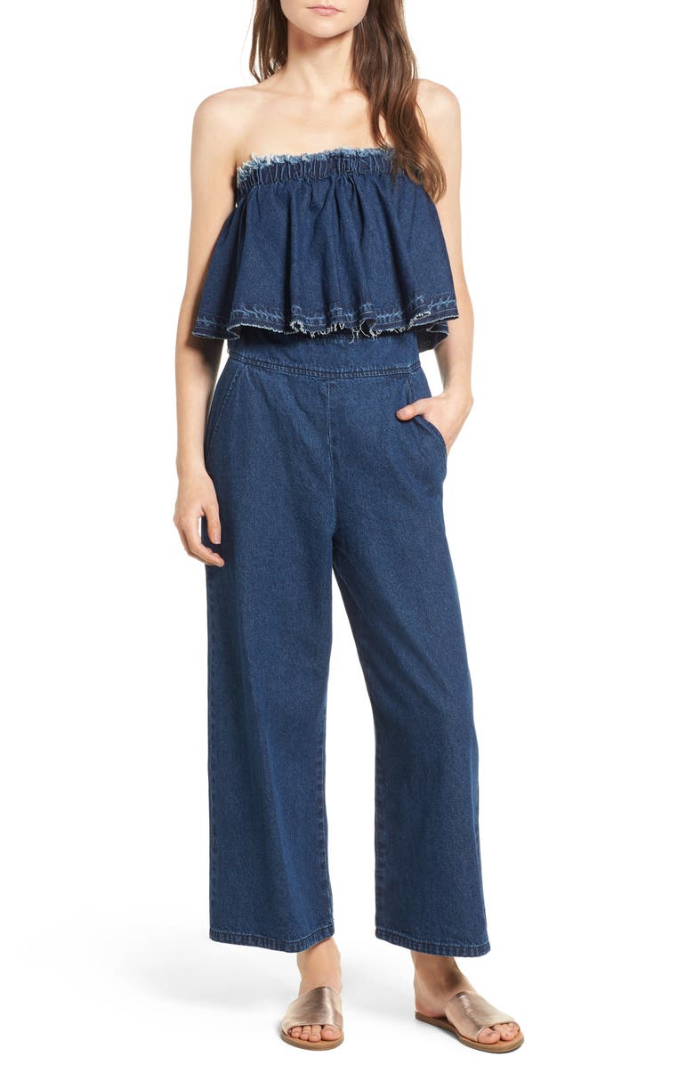 J.O.A. Strapless Crop Denim Jumpsuit, Main, color,