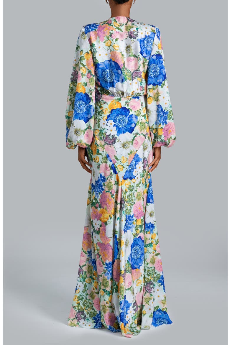 Millie Tie Belt Long Sleeve Satin Gown, Alternate, color, FLORAL