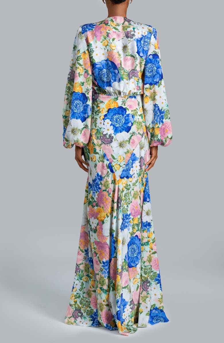 Ghrail Millie Tie Belt Long Sleeve Satin Gown, Alternate, color, Floral