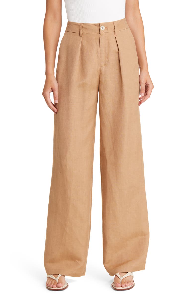 PAIGE Dallas Pleated High Waist Wide Leg Linen Blend Trousers, Main, color,