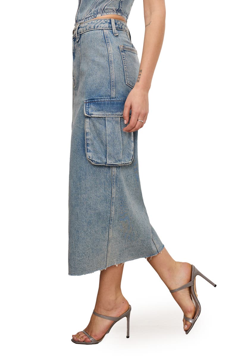 Good American Frayed Hem Denim Cargo Skirt, Alternate, color, 
