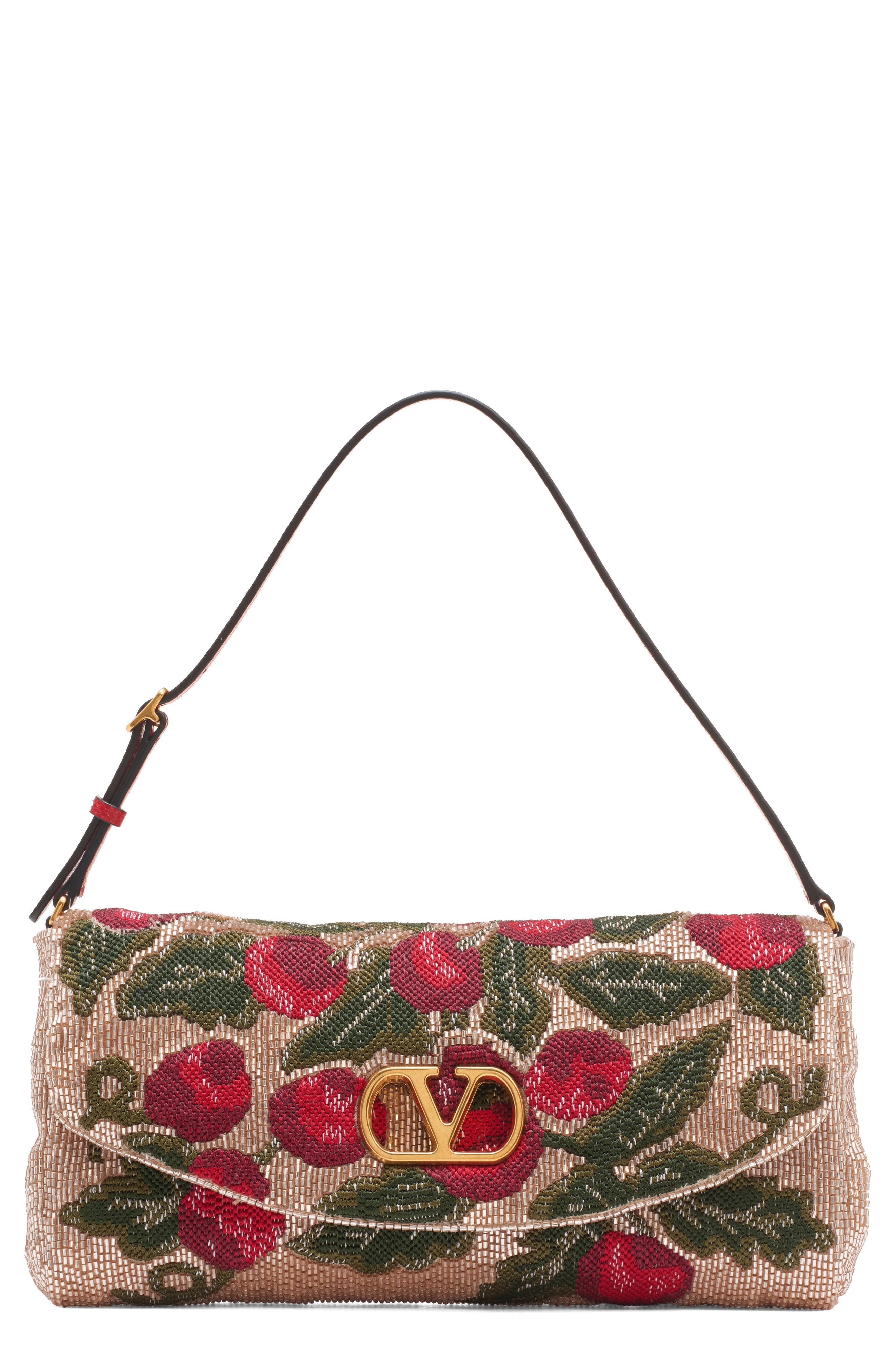Valentino Garavani Embroidered & Beaded Satin Shoulder Bag, Main, color, Multicolor/ Rouge Pur