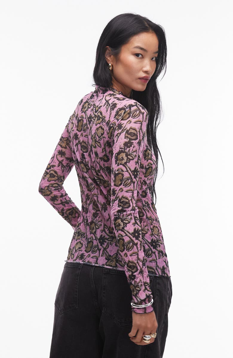 Topshop Floral Print Funnel Neck Crinkle Top, Alternate, color, 