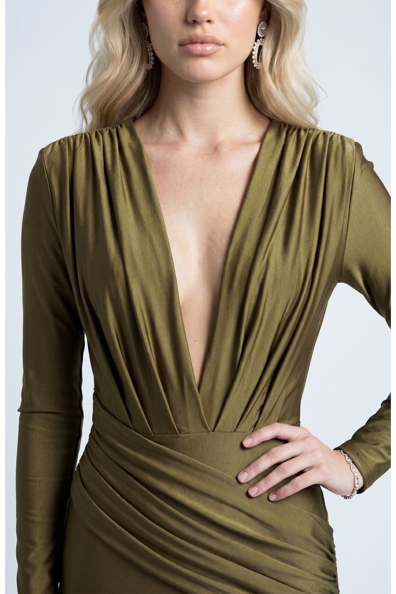 Long Sleeve Plunge V-Neck Ruched Mermaid Gown, Alternate, color, Forest Green