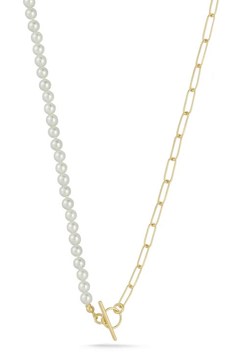 Cultured Pearl & Paper Clip Chain Toggle Necklace