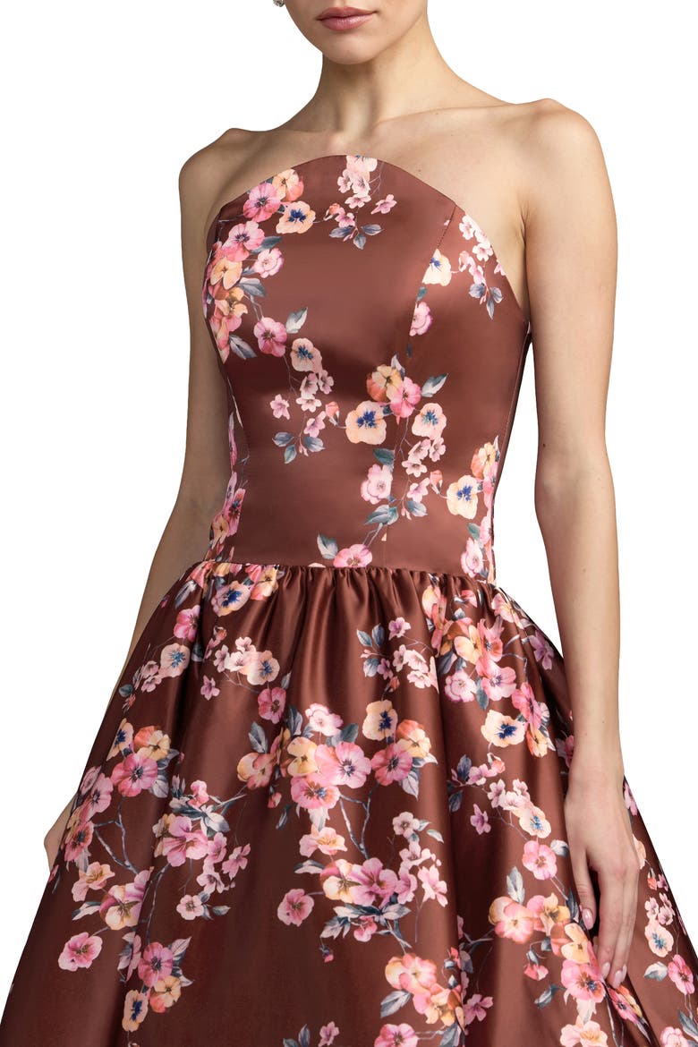 Strapless Floral Satin Tea-Length Ball Dress, Alternate, color, Bordeaux Multi