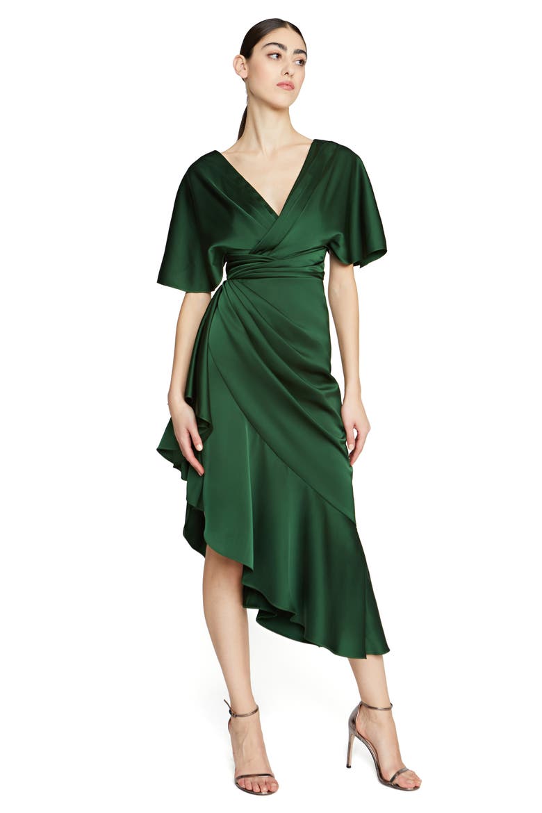 Gwen Ruffle Asymmetric Hem Elbow Sleeve Satin Faux Wrap Dress, Alternate, color, THORN