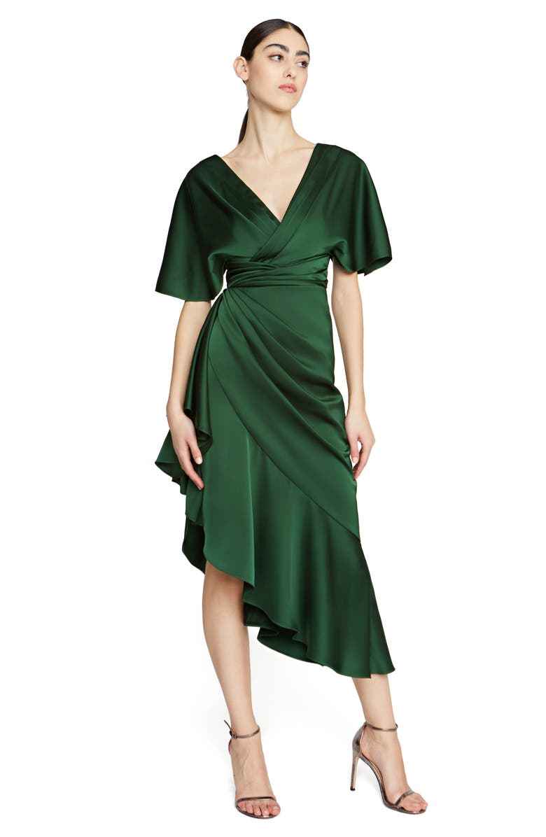 Theia Gwen Ruffle Asymmetric Hem Elbow Sleeve Satin Faux Wrap Dress, Alternate, color,