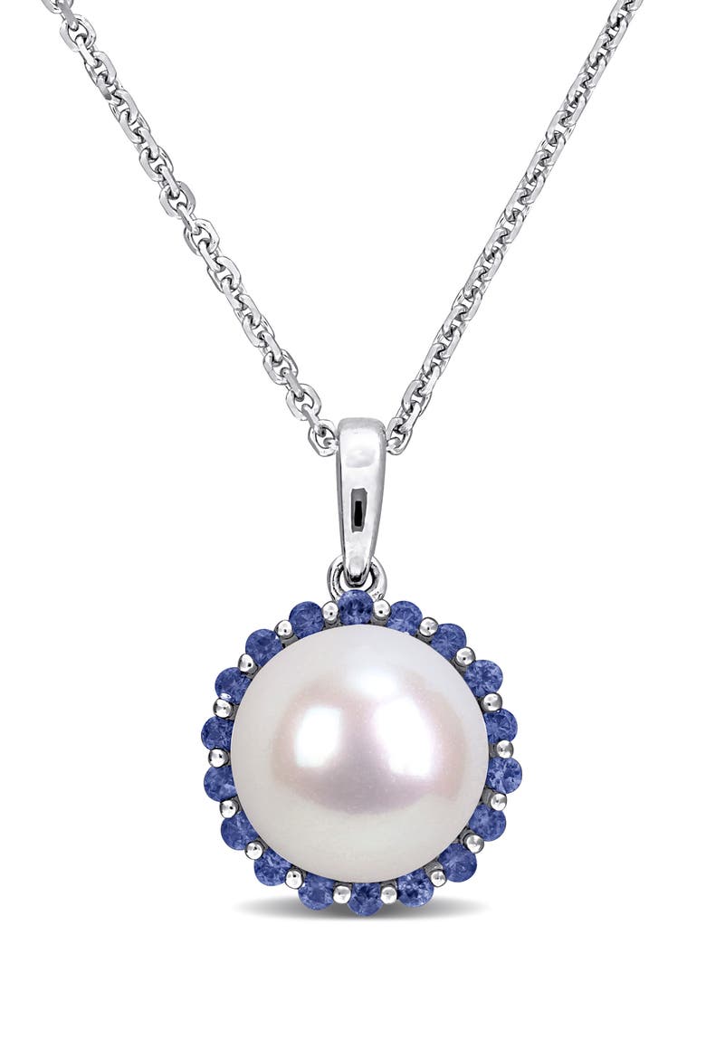 Sapphire & Cultured Pearl Pendant Necklace, Main, color, BLUE