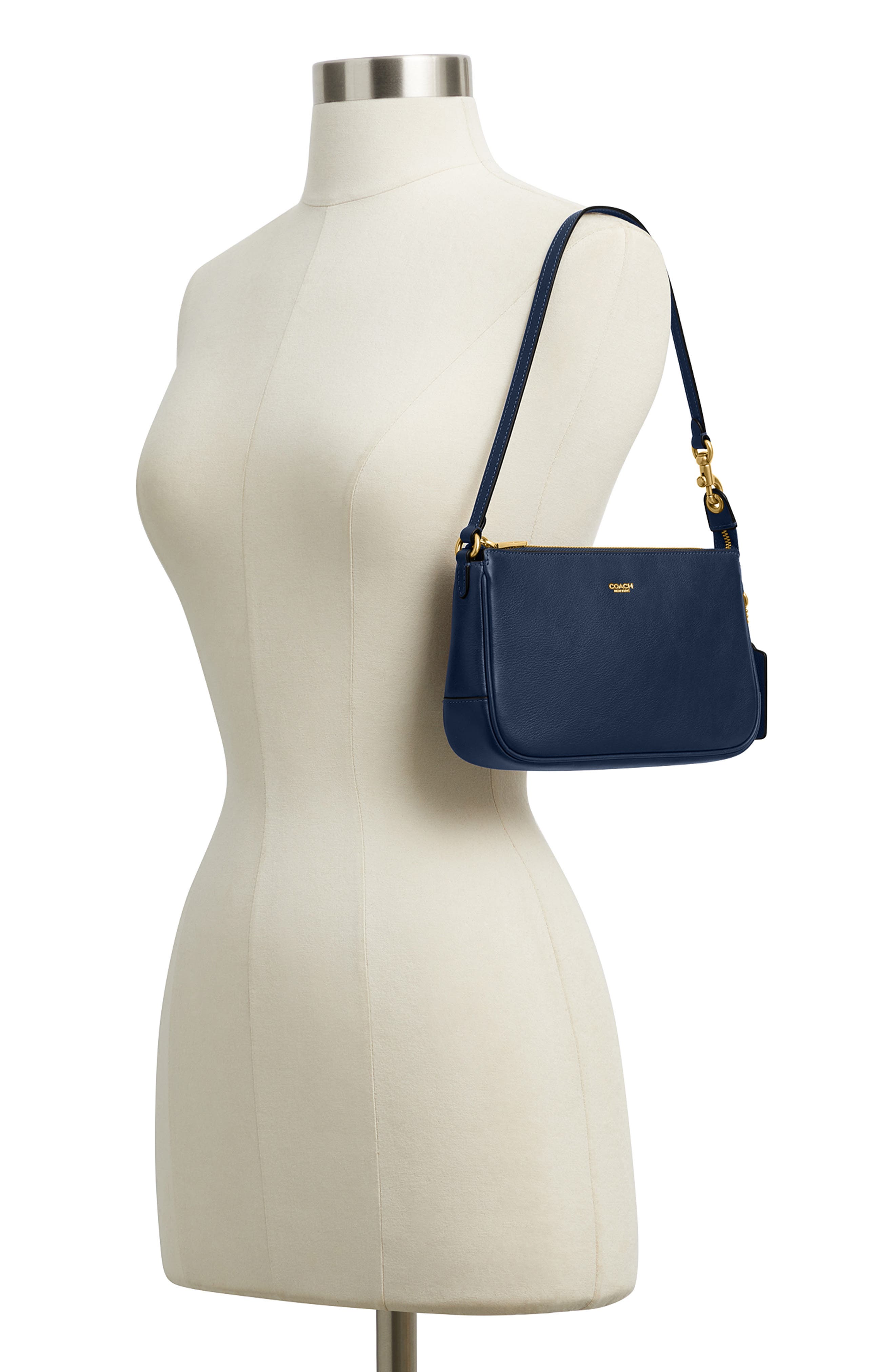 COACH Plaza Natural Grain Leather Shoulder Bag, Alternate, color, Navy