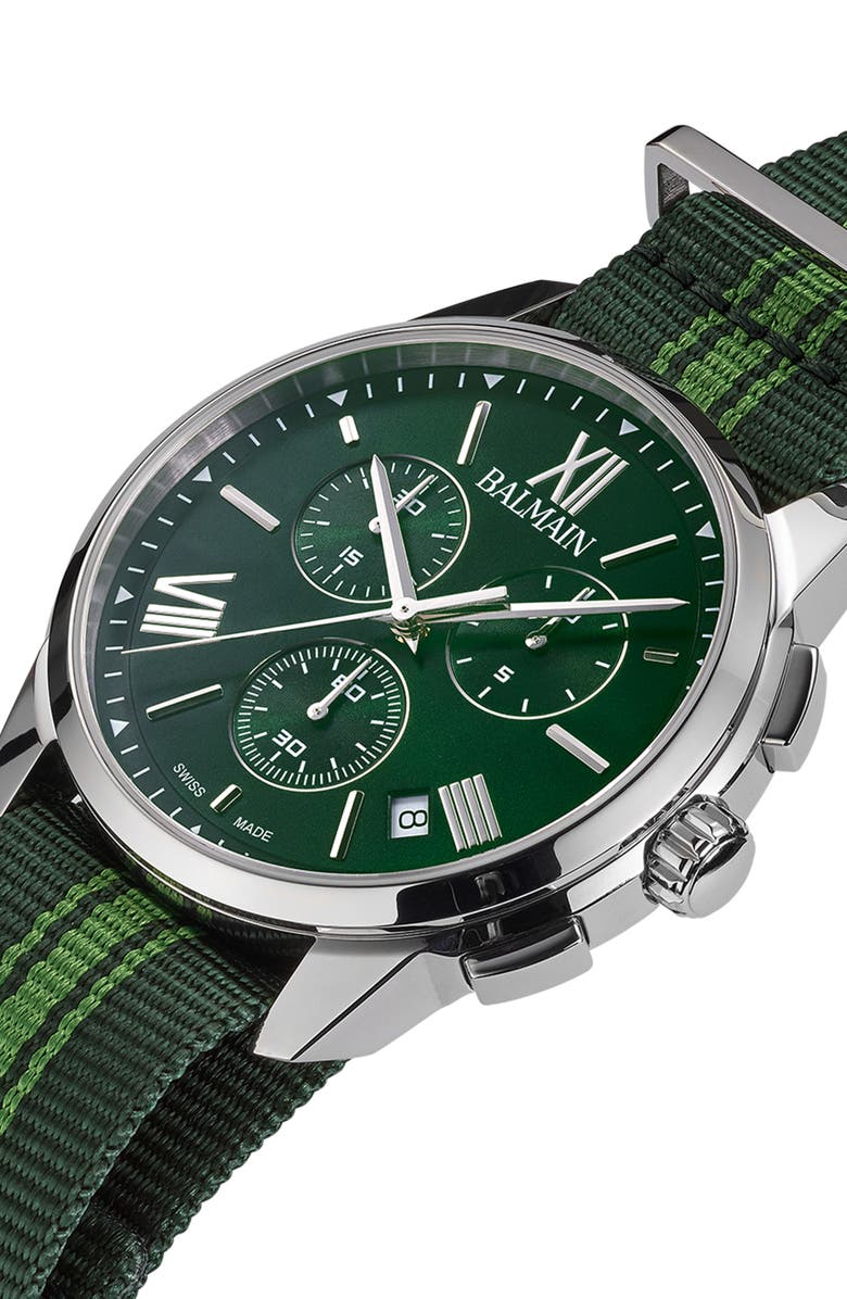 BALMAIN WATCHES Madrigal Chronograph Fabric Strap Watch, 42mm, Alternate, color, Green Nato