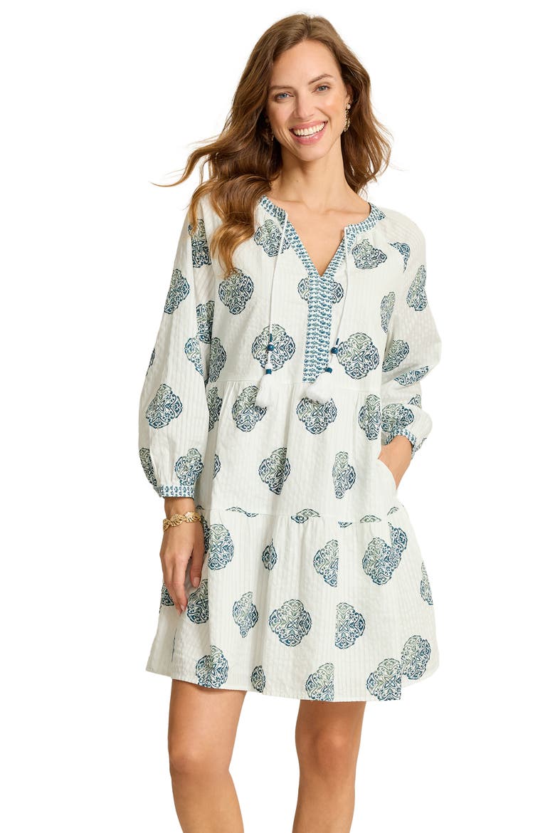 Mosaic Shortes Long Sleeve Cotton Dobby Minidress, Alternate, color, WHITE