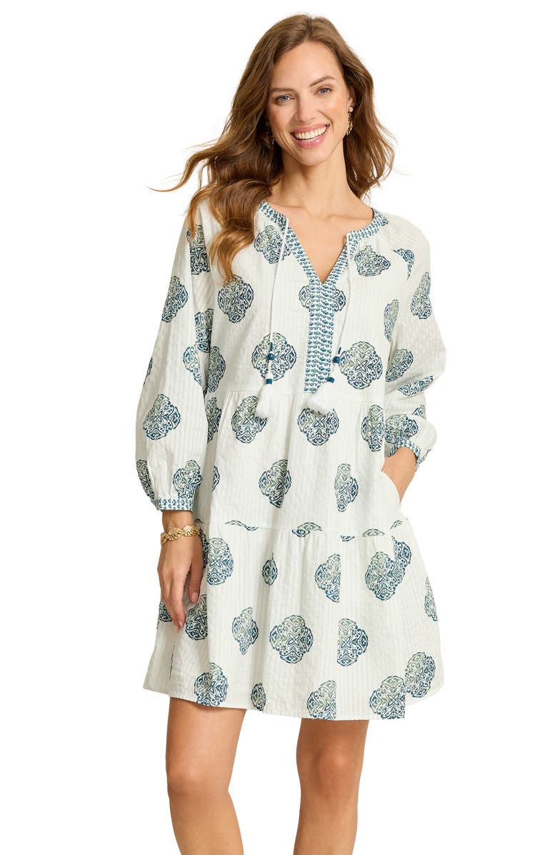 Tommy Bahama Mosaic Shortes Long Sleeve Cotton Dobby Minidress, Alternate, color, White