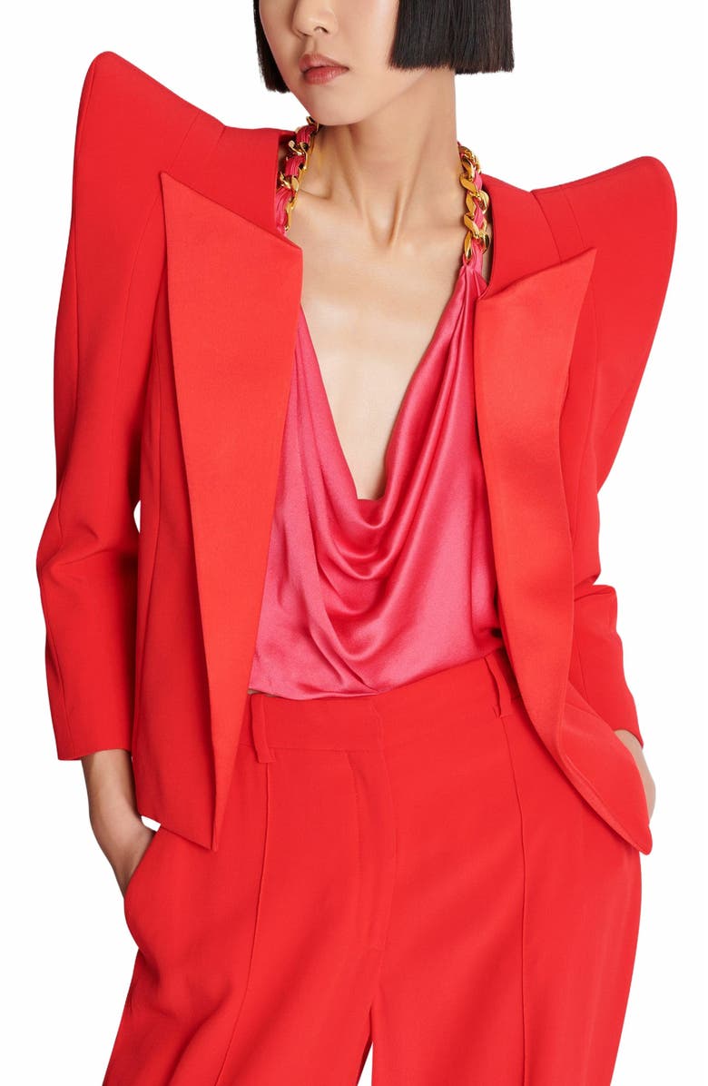 Balmain Cropped Crepe Jacket With Structured Shoulders, Alternate, color, Red