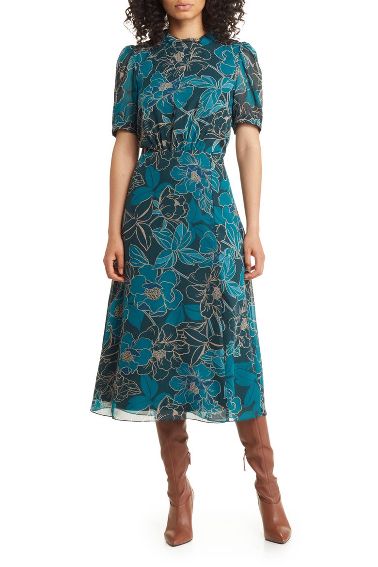 Floral Midi Dress, Main, color, TEAL MULTI