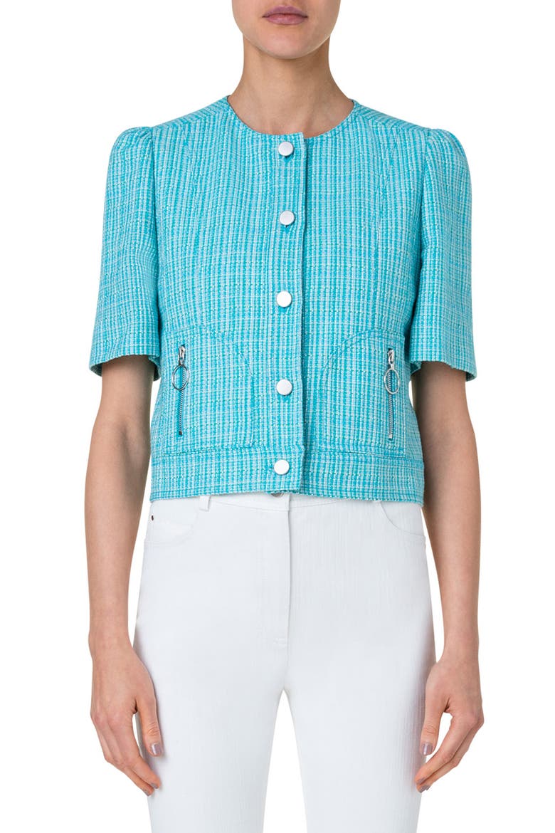 Short Sleeve Cotton & Linen Tweed Jacket, Main, color, TURQUOISE-MULTICOLOR