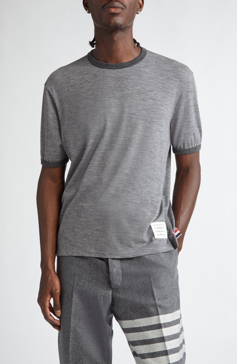 Thom Browne Ringer Stretch Wool T-Shirt, Main, color, Medium Grey