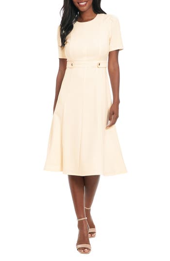 London Times Short Sleeve Side Tab Scuba Midi Dress In Sugar Ivory