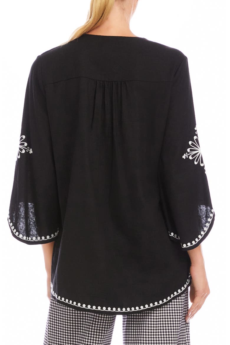 Embroidered Asymmetric Hem Linen Blend Top, Alternate, color, BLACK