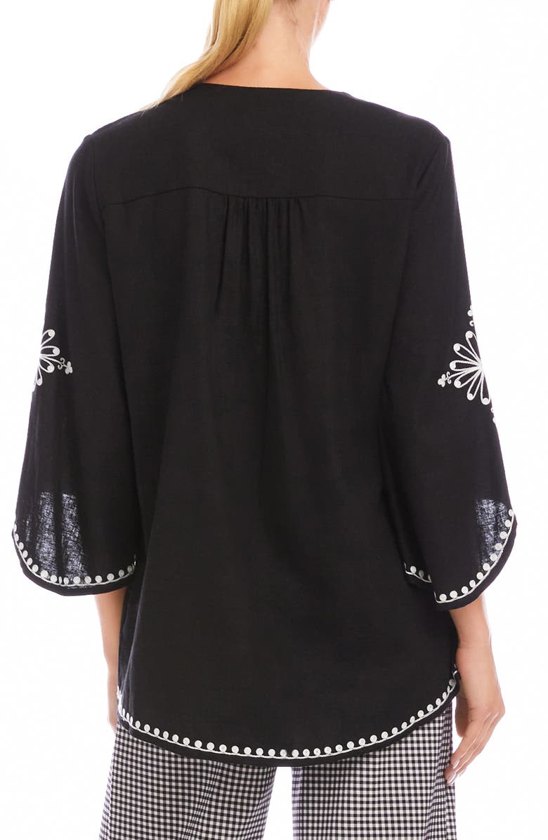 Karen Kane Embroidered Asymmetric Hem Linen Blend Top, Alternate, color, Black