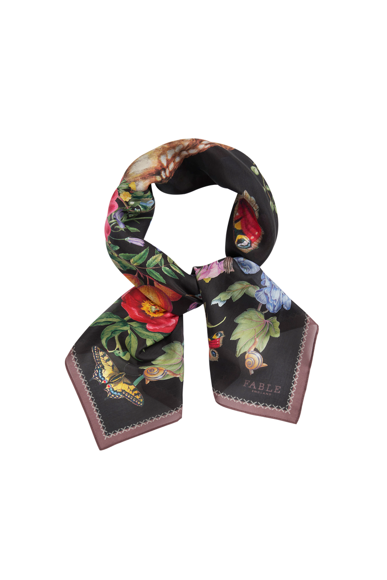 Black Fruity Floral Narrative Square Scarf, Alternate, color, Black